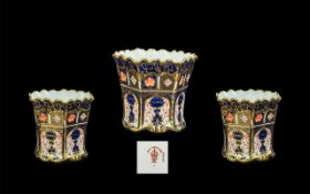 Royal Crown Derby Imari Pattern Gold Banded Six Sided Vase with Wavy Edge Border.