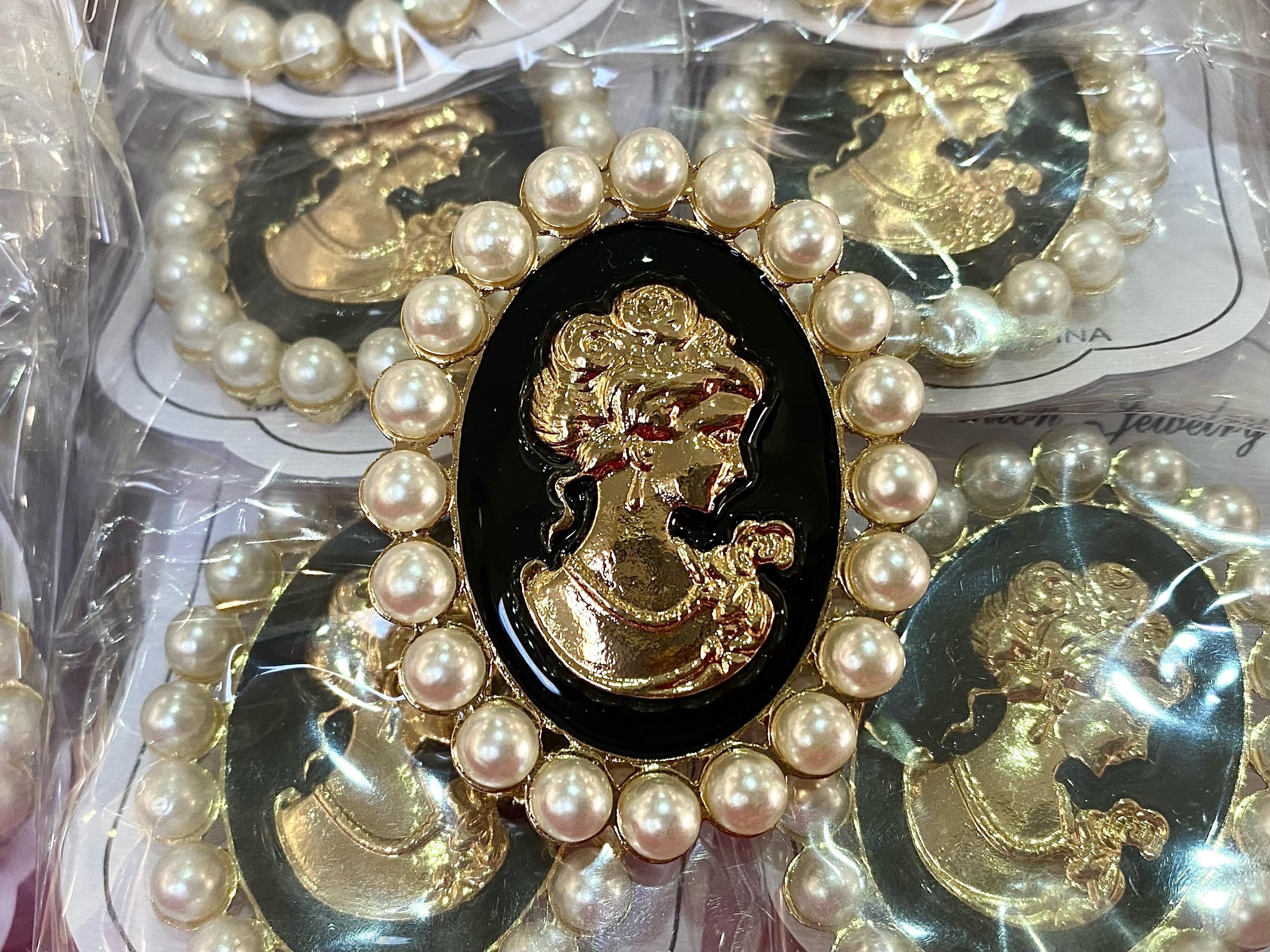 Haberdashery Interest - Box of Pearl Trimmed Cameo Brooches, in black and gold, ideal for crafting,