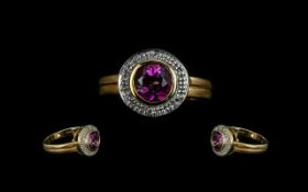 Ladies Attractive 9ct Gold Amethyst and Diamond Set Cluster Ring. Full Hallmark to Interior of
