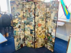 Four Panelled Wooden Screen, decorated with decoupage, each panel measures approx 65" x 16".