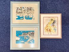 Three Modern Prints, two pencil signed prints of boats and a beach scene, mounted,