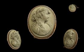 Victorian Superb 14ct Gold Mounted Carved Lava Cameo Brooch, Depicting a Portrait Bust of a