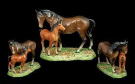 Beswick Hand Painted Horse and Foal Figure ' Mare and Foal ' on Base. Model 953. 1st Version.
