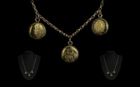 Victorian Period 9ct Gold Chain with 3 small attached 15ct gold hinged lockets; one locket reads '(