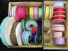 Haberdashery Interest - Two Boxes of Ribbons, on rolls, lots of assorted colours.