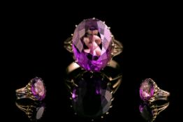 Antique Period - Attractive Single Stone Amethyst Set Dress Ring. The Large Faceted Amethyst of