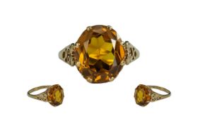 Ladies Attractive 9ct Gold Single Stone Orange Topaz Set Ring, Excellent Designed Setting.