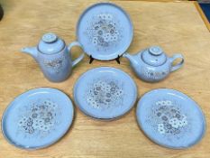 Denby Reflections Set, comprising six pale blue dinner plates, teapot with lid,