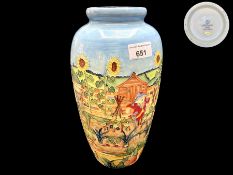 Old Tupton Ware Vase, designed by Jeanne McDougall, tubelined decoration of a garden with a shed,