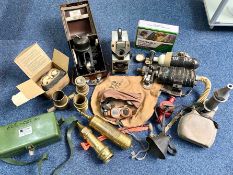 Box of Assorted Vintage Fire Brigade Related Equipment, including oxygen tank, air raid mask,