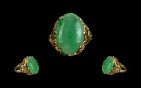 Chinese 20ct Gold Plus Single Stone Jade Set Ring, excellent ornate setting,