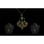 Edwardian Period Attractive and Exquisite 9ct Gold Open Worked Pendant ( Ornate ) Set with Opals,