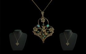Edwardian Period Attractive and Exquisite 9ct Gold Open Worked Pendant ( Ornate ) Set with Opals,