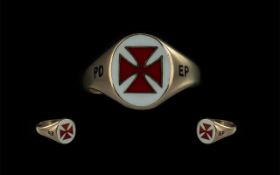 9ct Gold Ring With Maltese Cross on White Enamel to Centre of Ring. Marked 9ct Gold to Shank.