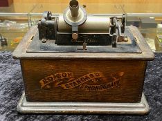 Antique Edison Standard Phonograph, made in USA, wooden case with lid.