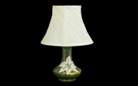 Moorcroft Lamp Base & Shade ' Bermuda Lily ' Pattern. Not Tested. Approx Height of Base 8 Inches.