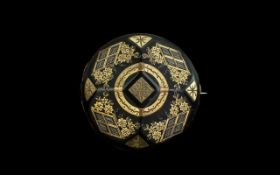 French Pique Work Brooch of round faceted form geometric gilt decoration. 40 mm diameter