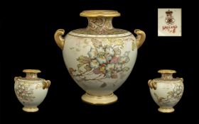 Royal Doulton Burslem Hand Painted Twin Handled Globular Shape Vase, still life flowers and