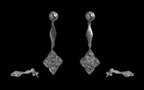 Antique Period Attractive Pair of 9ct White Gold Semi Cushion Cut Diamond Set Drop Earrings of