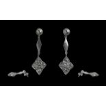 Antique Period Attractive Pair of 9ct White Gold Semi Cushion Cut Diamond Set Drop Earrings of