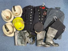 Fire Brigade Interest - Two Boxes of Firemen's Uniforms & Helmets,