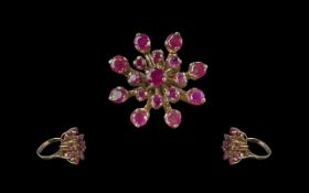 18ct Gold Attractive And Good Quality Ruby Set Cluster Ring - Starburst Design. The Rubies Of Good