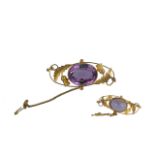Antique Period Excellent Quality Large Faceted Amethyst Set Brooch with Safety Chain. Marked 9ct.
