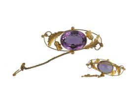 Antique Period Excellent Quality Large Faceted Amethyst Set Brooch with Safety Chain. Marked 9ct.