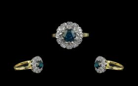 18ct Gold Attractive Sapphire and Diamond Set Cluster Ring. Marked 18ct to Interior of Shank. The