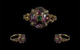 Georgian 12.5 ct Gold Amethyst / Emerald / Seed Pearl Set Ring. Ornate Setting. Marked 12.5.