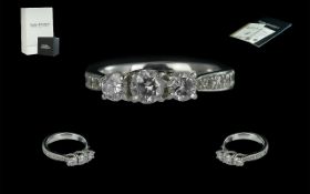 Platinum Claw and Pave Set 3 Stone Diamond Ring, Trilogy Design. Marked 950. Top Graded Diamonds.
