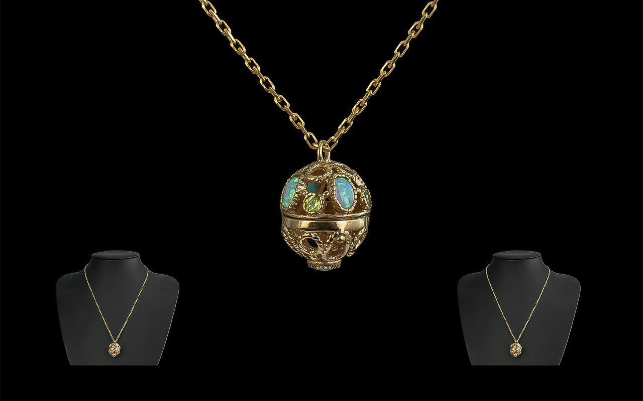 Antique Period - Nice Quality 9ct Gold Open Worked Pendant, Sphere Shaped, Set with Opals, Peridots,