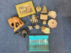 Box of Miscellaneous, Onyx lighter and ashtray, two carved elephants,