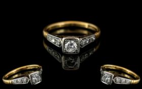 18ct Yellow Gold & Platinum Diamond Set Ring - The Central Diamond Set In A Square Setting,