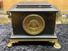 Victorian Black Marble Mantle Clock, brass dial with Arabic numerals,