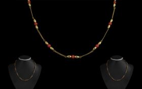 Ladies Attractive 9ct Gold And Red Coral Beaded Necklace/Chain marked 9.375. Excellent design,