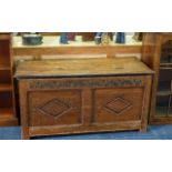 18th Century Oak Coffer, carved decoration to front, measures 24" high x 48" wide x 22" deep.