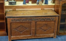 18th Century Oak Coffer, carved decoration to front, measures 24" high x 48" wide x 22" deep.