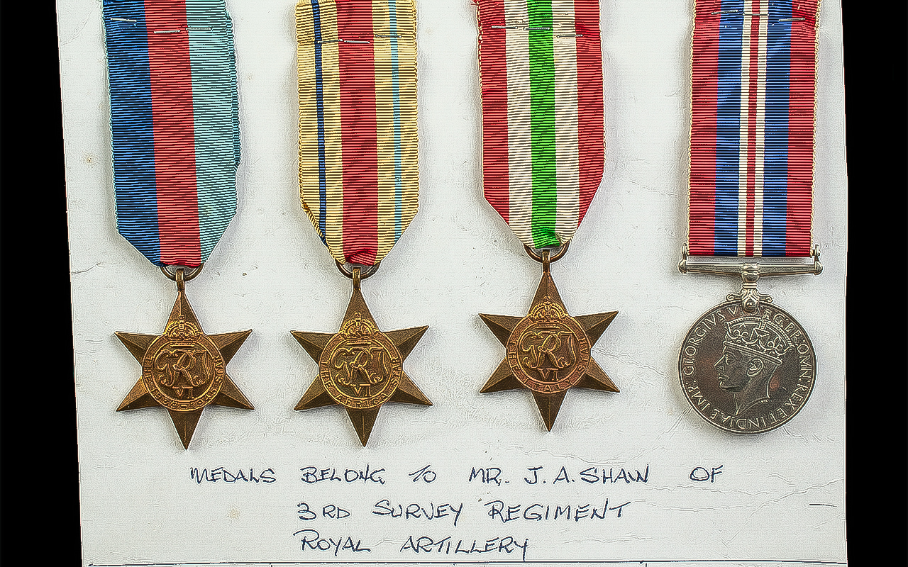 World War II Military Medals ( 4 ) Awarded to J.A.Shaw of 3rd Survey Regiment Royal Artillery.
