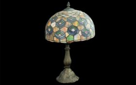 Tiffany Style Table Lamp, leaded shade on a bronzed column. Height Approx 19".