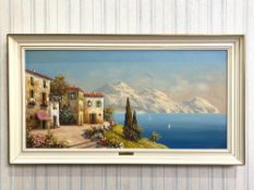 Oil on Canvas of Sandini in Italy, depicting a Mediterranean scene with mountains in the background.