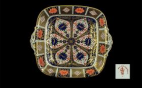 Royal Crown Derby Imari Pattern Gold Banded Two Handle Square Dish of Square Form.