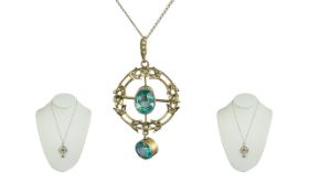 Edwardian Period - Attractive 9ct Gold Open Worked Pendant Set with Aquamarines and Seed Pearls,