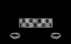 18ct White Gold - Attractive Blue Sapphire and Diamond Set Ring. Chequered Design.