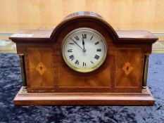 Early 20th Century Edwardian Mantle Clock, architectural design with columns, inlaid mahogany,