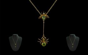 Antique Period - Novelty Superb 9ct Gold Spider Chasing a Fly Pendant with Integral 9ct Gold Chain.