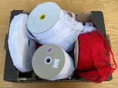 Haberdashery Interest - Box of Lace Ribbons, bindings and elastic on rolls.