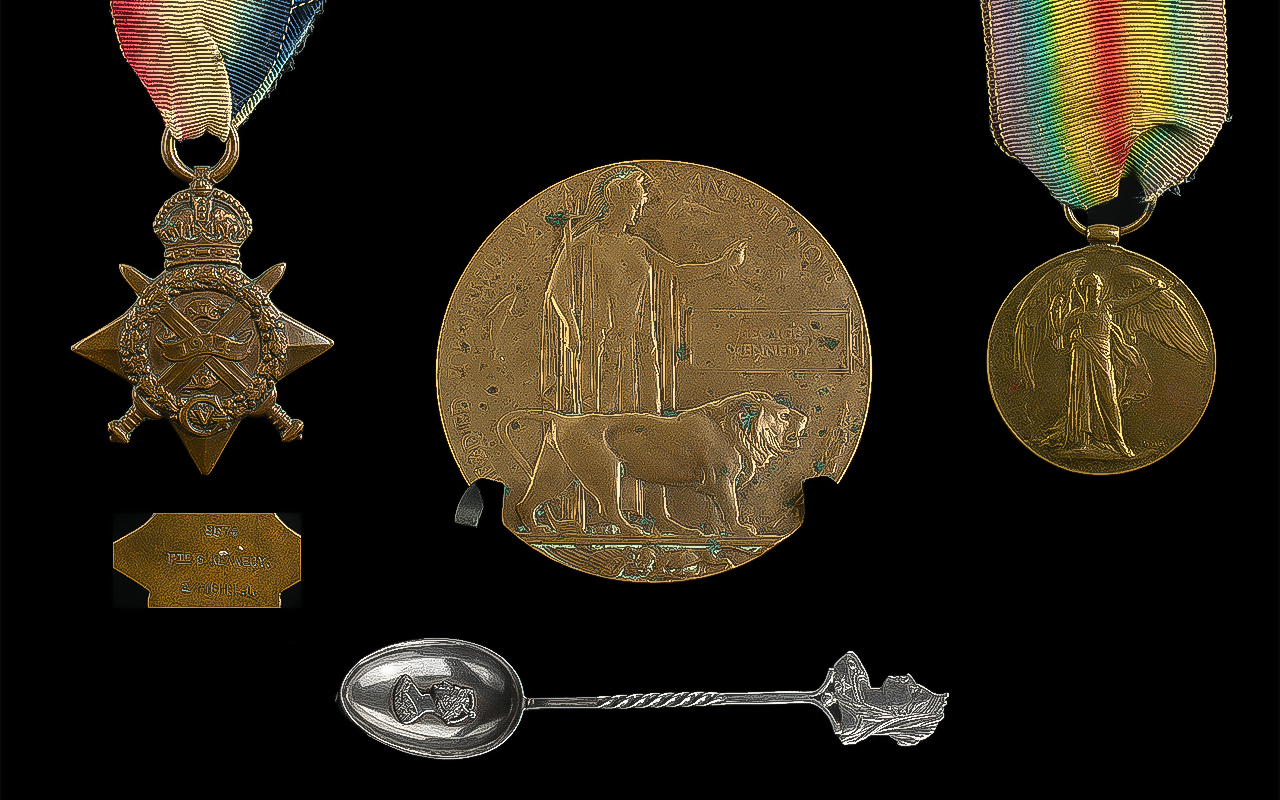 World War I Military Medals and Death Plaque. Awarded to 9674 G. Kennedy 2/ HIGH L.T.