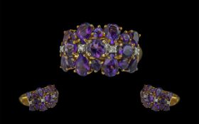 Ladies - Attractive 9ct Gold Amethyst and Diamond Set Cluster Ring.