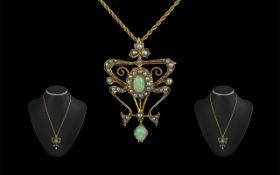 Victorian Period - Attractive and Exquisite 9ct Gold Open Worked Opal / Seed Pearl Set Pendant /